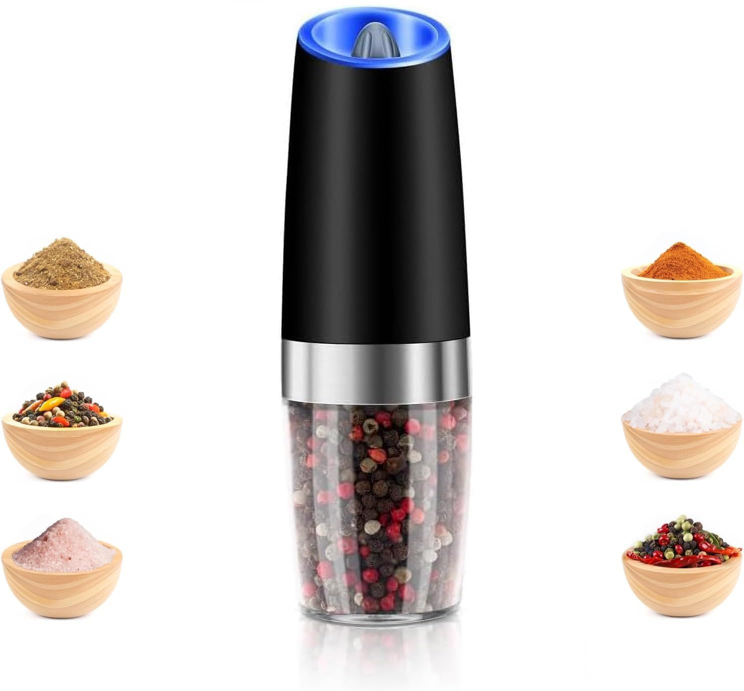 Shengya Gravity Electric Pepper Salt Grinder, Adjustable Coarseness, Battery Powered with LED Light, One Hand Automatic Operation, Stainless Steel Black (6 x AAA Batteries Not Included)-image-22