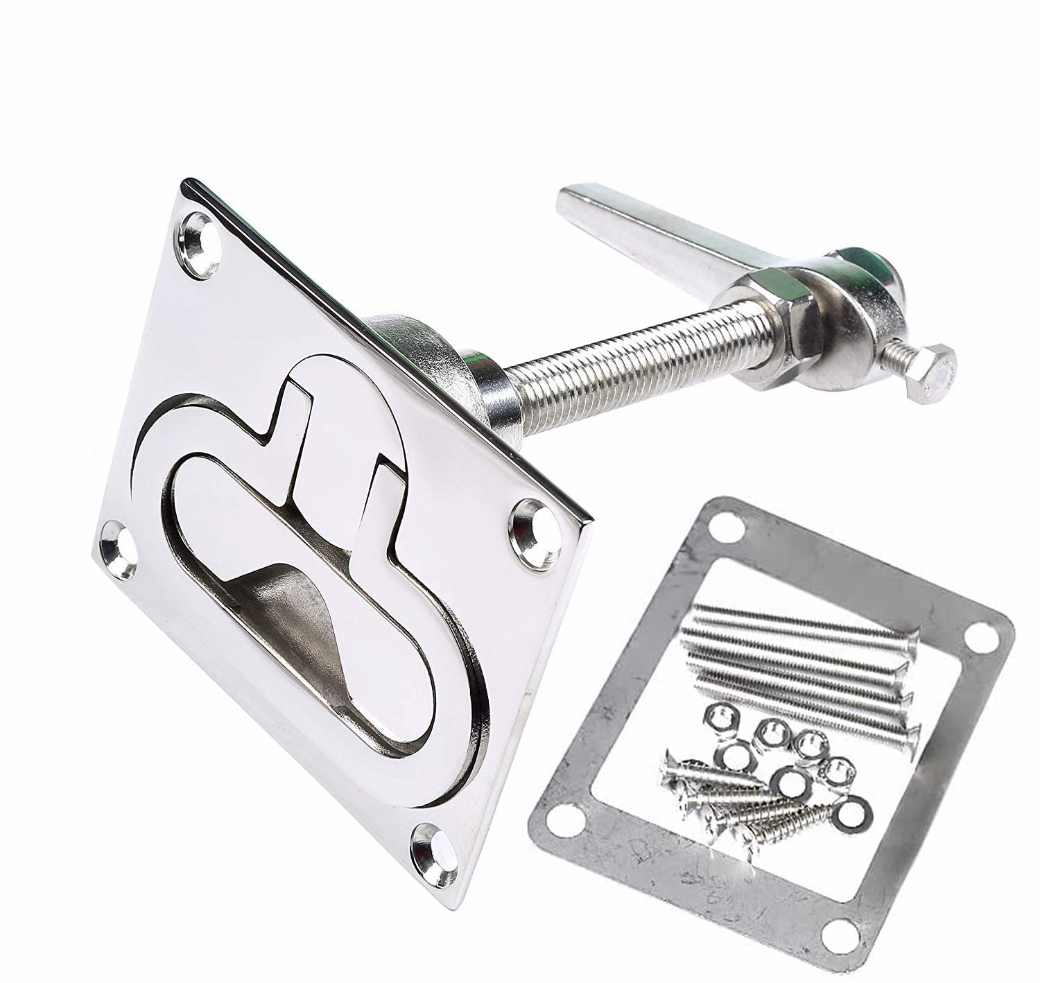 MIZUGIWA Stainless Steel Large Flush Hatch Latch Turning Lock Lift Handle Heavy Duty Marine Grade W/Back Plate Fasteners