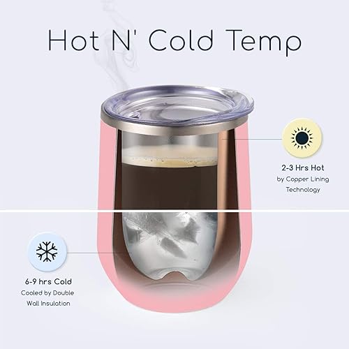 Miniatura 10 de Maars Bev - Vaso de vino de acero inoxidable sin tallo con tapa aislado al vacío de 12 onzas a prueba de derrames apto para viajes vasos clásicos de