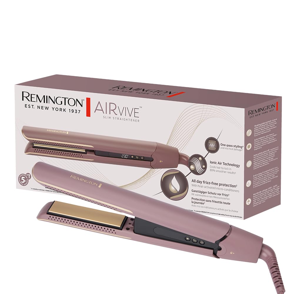 Remington AIRvive™ Glätteisen [Ionic Air-Technologie: weniger Frizz & statische Aufladung] Ultra-Keramikbeschichtung mit Mikrowirkstoffen (Schmale Platten, LCD-Display, 150-230°C) Haarglätter S8930