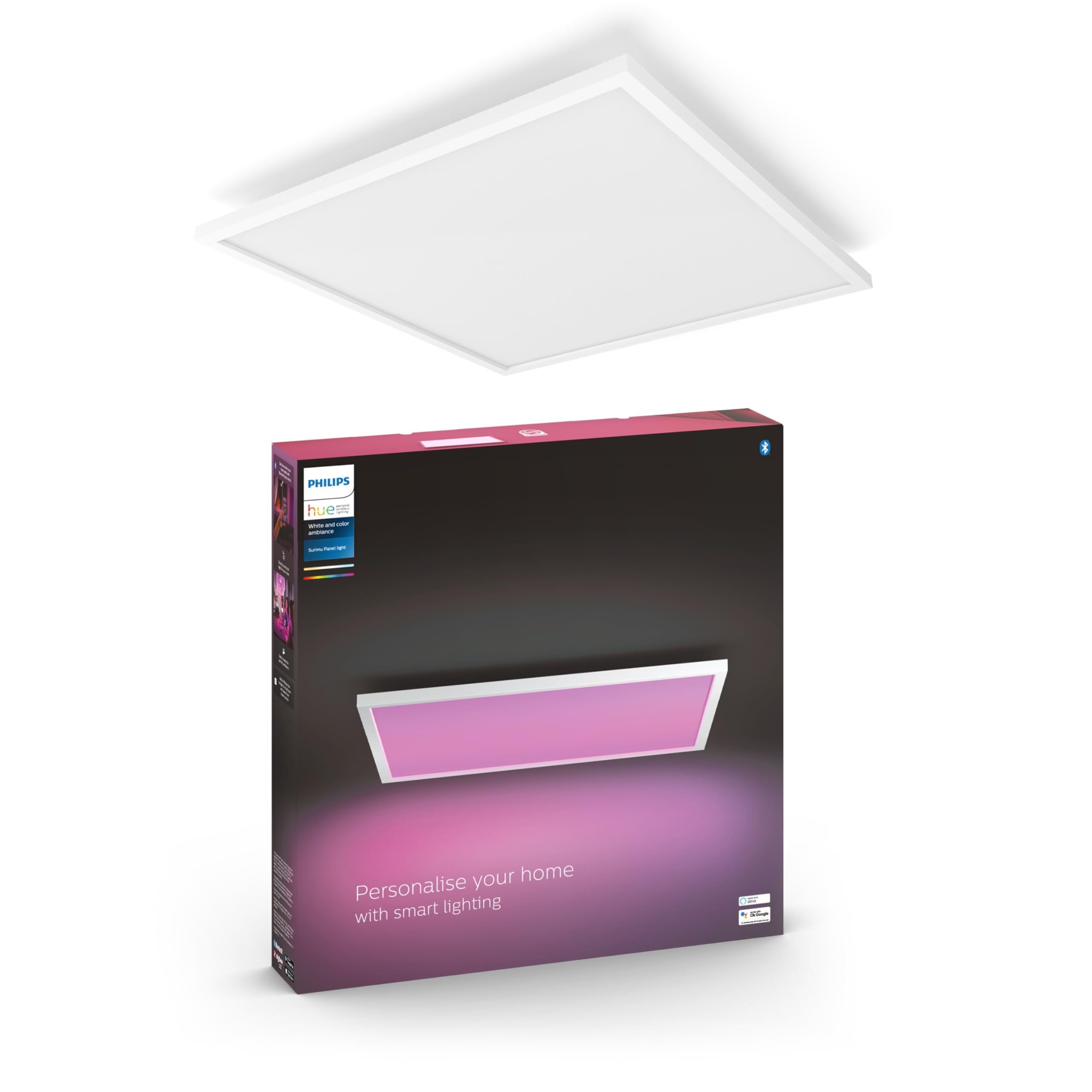 Philips Hue White and Color Ambiance, Panneau LED connecté carré SURIMU, compatible Bluetooth, Blanc, fonctionne avec Alexa, Google Assistant et Apple Homekit
