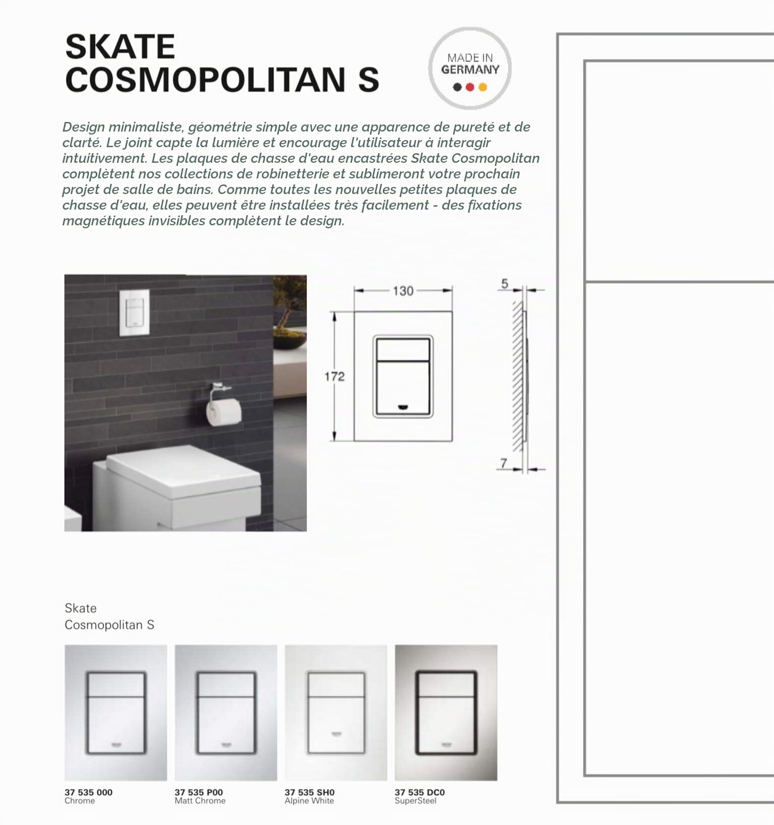 GROHE 37535000 Plaque de commande Skate Cosmopolitan, Chrome