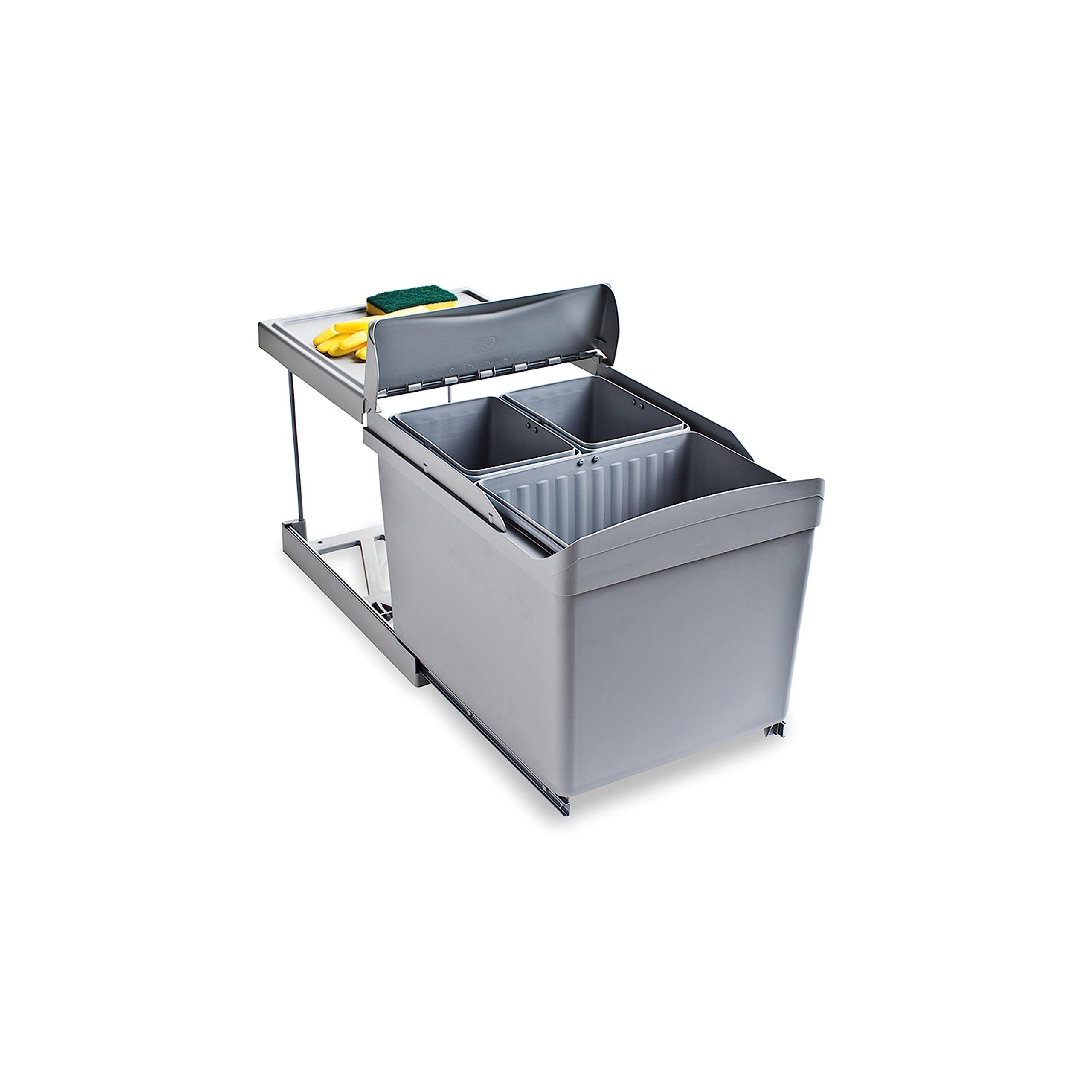 EMUCA - Contenedores de reciclaje para cocina, Cubos de basura bajo fregadero 1 x 16L + 2 x 7,5L, fijación inferior y extracción automática, Plástico gris