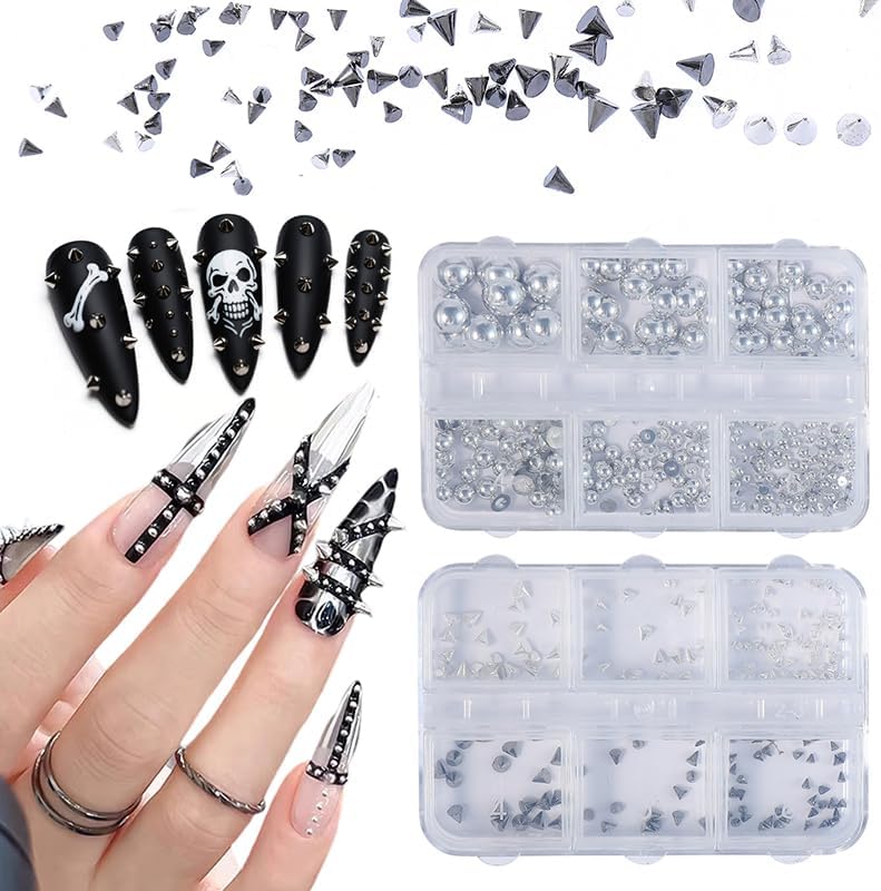 2 Boxes 3D Mini Metal Punk Nail Art, Mixed Sizes Black Nail Arts Studs for Women Goth Manicure Charms Accessories DIY Crafts Decorations