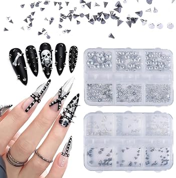 2 Boxes 3D Mini Metal Punk Nail Art, Mixed Sizes Black Nail Arts Studs for Women Goth Manicure Charms Accessories DIY Crafts Decorations