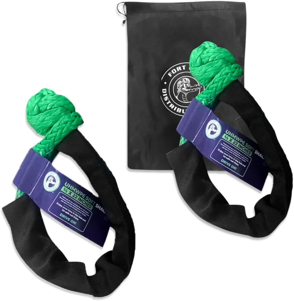 Soft Shackle 2 Pack - ½” x 22” Off-Road Recovery Kit with Tow Straps & Tow Hooks - Heavy Duty Synthetic Rope for Outdoor Enthusiasts - US Vet Owned, Green, with Bag