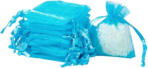 Mega Pet Paquete de 100 bolsas de regalo de organza cian de 2.8 x 2.0 in, de satén, con cordón, para dulces, joyas, fiestas, bodas, regalos