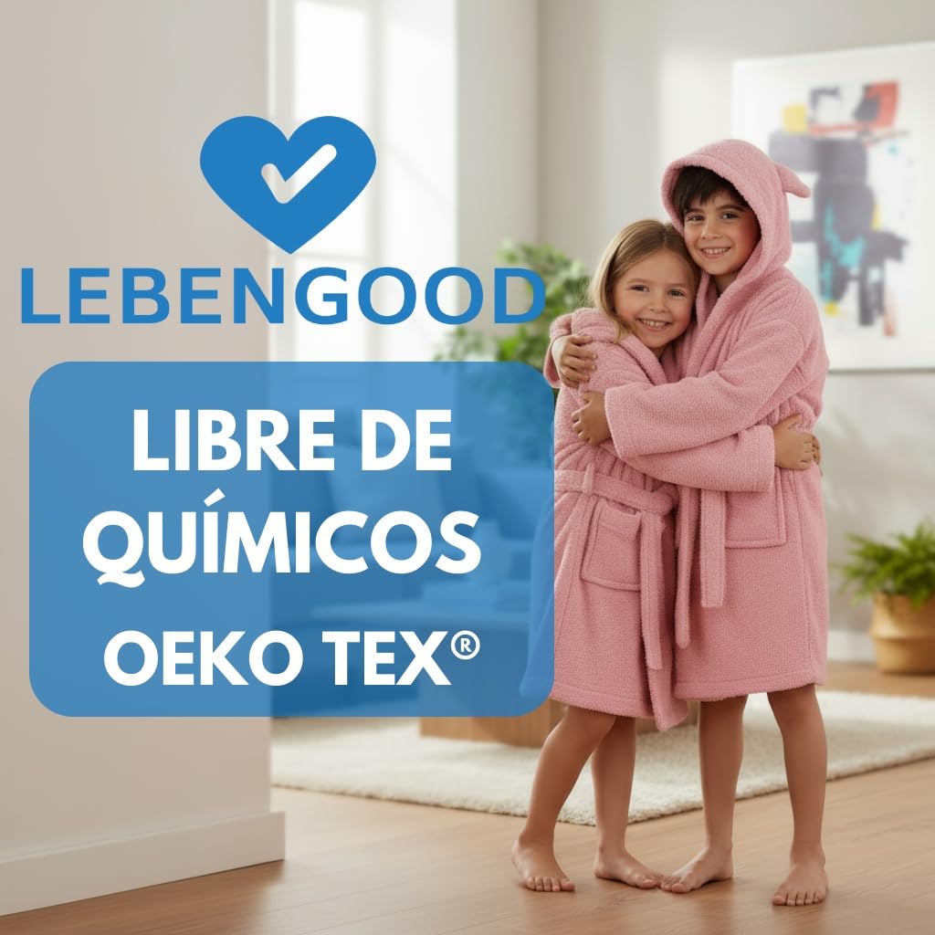 LEBENGOOD - Albornoz Niños Niñas unisex, Infantil con Orejas - 100% Algodón OEKO-TEX® - 2 Bolsillos, Cinturón, Capucha, Albornoces e Niño niña, adolescente