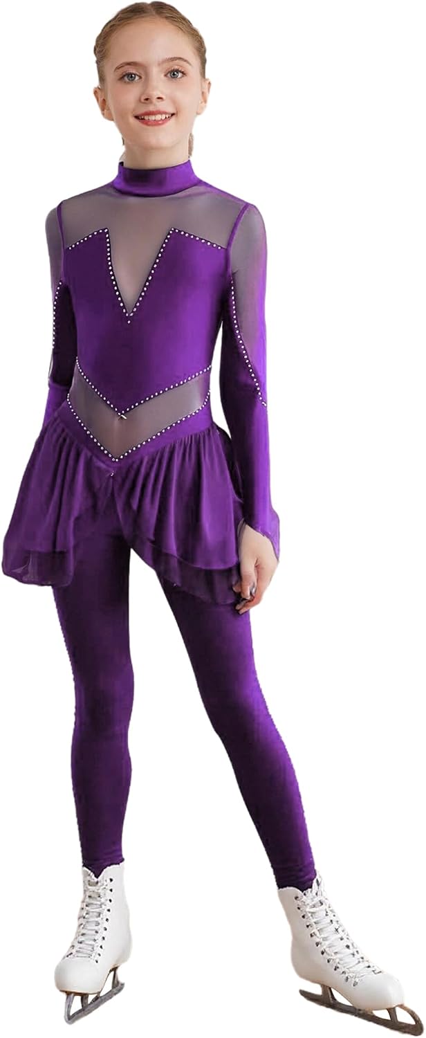 iiniim Long Sleeve Gymnastics Jumpsuit for Girls Long Sleeve Mock Neck Figure Skating Skirted Unitards for Performance
