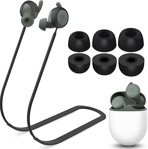 Kit de puntas de espuma viscoelástica compatible con Google Pixel Buds Serie A, cordón suave antipérdida, correa de cordón para el cuello, cómodas