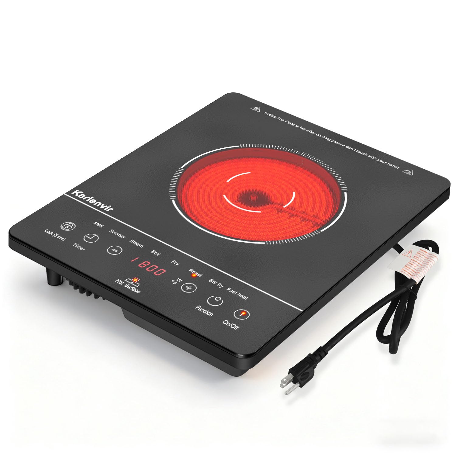 Portable Electric Cooktop 110V, 1800W Single Burner, Touch Control Electric Stove Top with 9 Power Levels, Plug in Cook top Safety Lock &amp; Timer