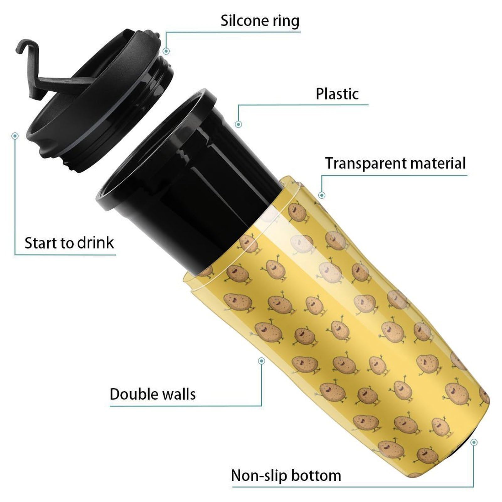 Tasse à café de voyage, isotherme réutilisable pour l'extérieur, motif pommes de terre mignonnes, parfaite pour les boissons chaudes ou froides, écologique et durable