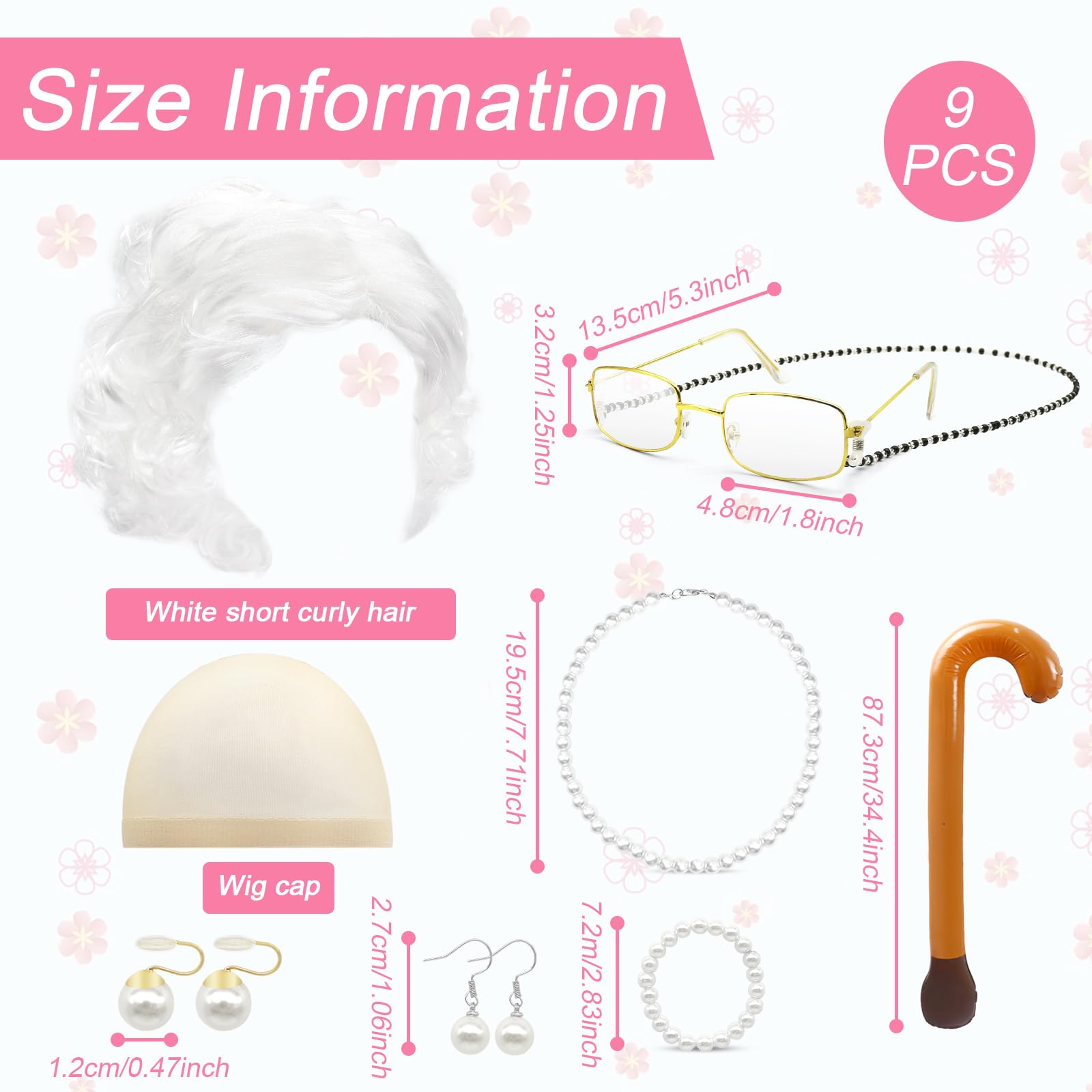 GLGHMH 10pcs Old Lady Costume Set, Grandma Wig Cap Including Glasses Pearl Earring Bracelet Necklace Inflatable Walking Stick - Image 3