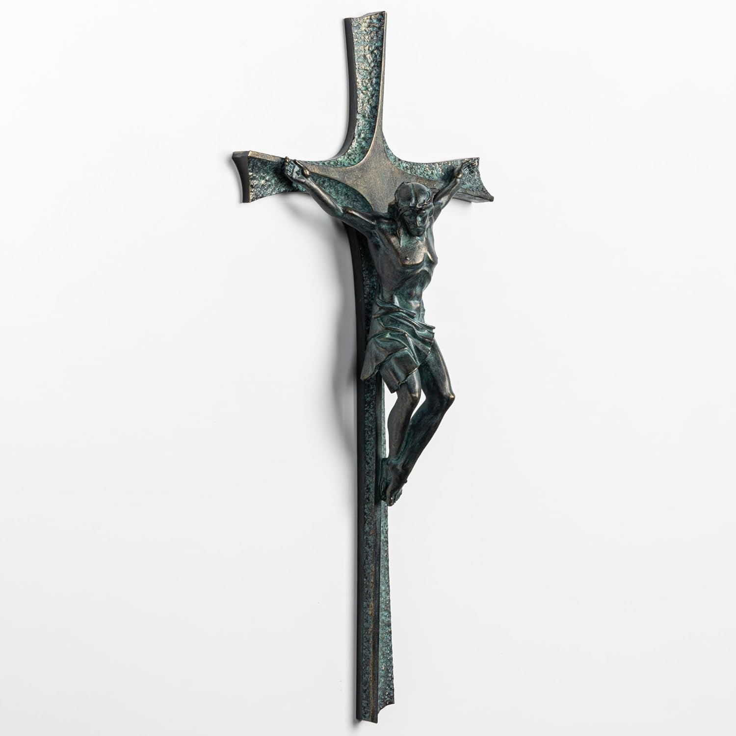 ShineOnAngel Crucifix Wall Cross, 12 Inch Bronze Patina Wall Crucifix Modern Home Decor, Hand Painted Resin Antique Style Jesus Cross for Wall Religious Housewarming Gifts