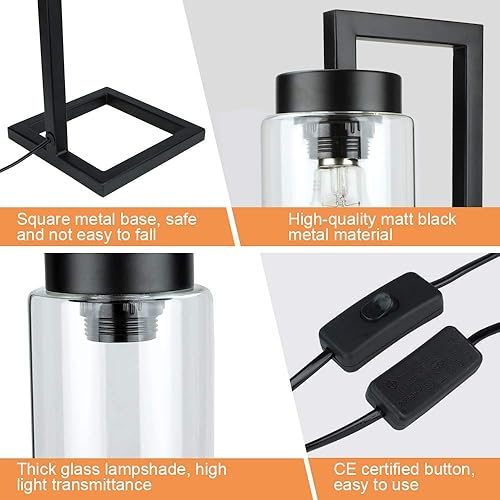 Miniatura 6 de DINGLILIGHTING DLLT - Lámpara de mesa de metal, lámpara industrial de mesita de noche con pantalla de cristal, lámpara de escritorio de lectura