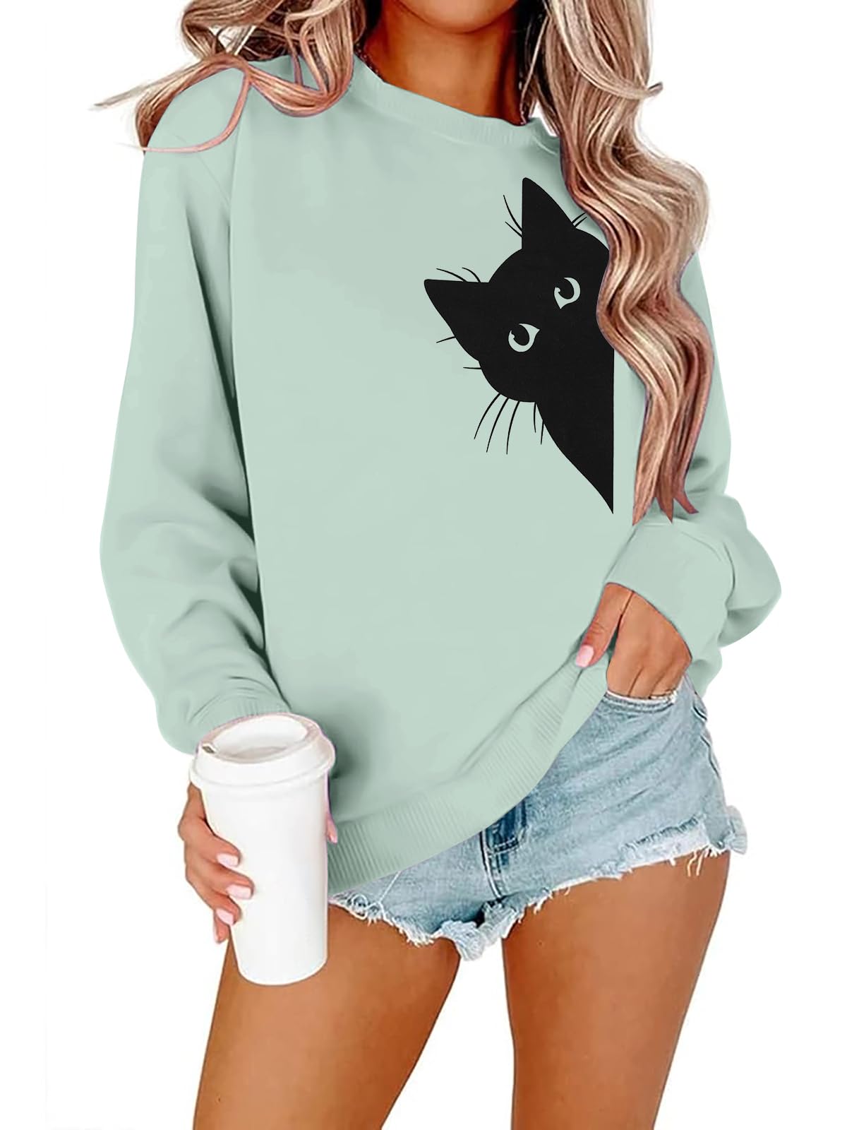 FRYAID Cat Sweatshirt Women Funny Black Cat Graphic Sweater Casual Cat Crewneck Holiday Long Sleeve Hoodie Pullover Top