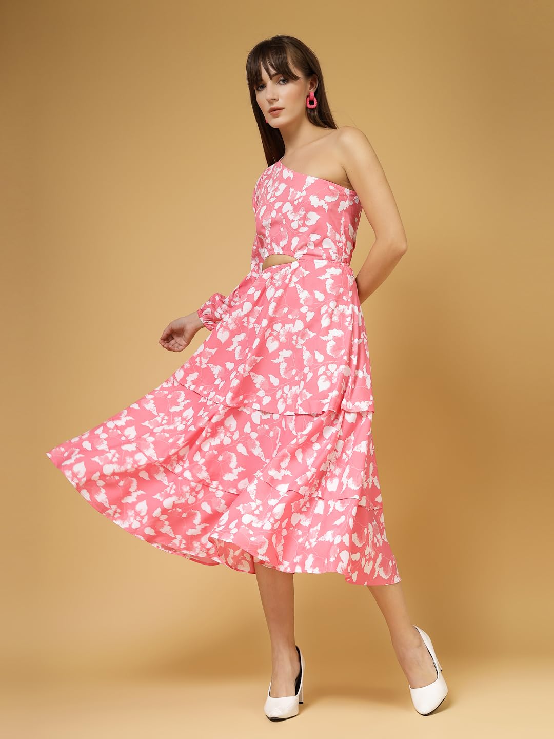 Oomph Women's Western & Fusion Wear Printed Crepe Dress For Women, One Shoulder, Pink - Md1062