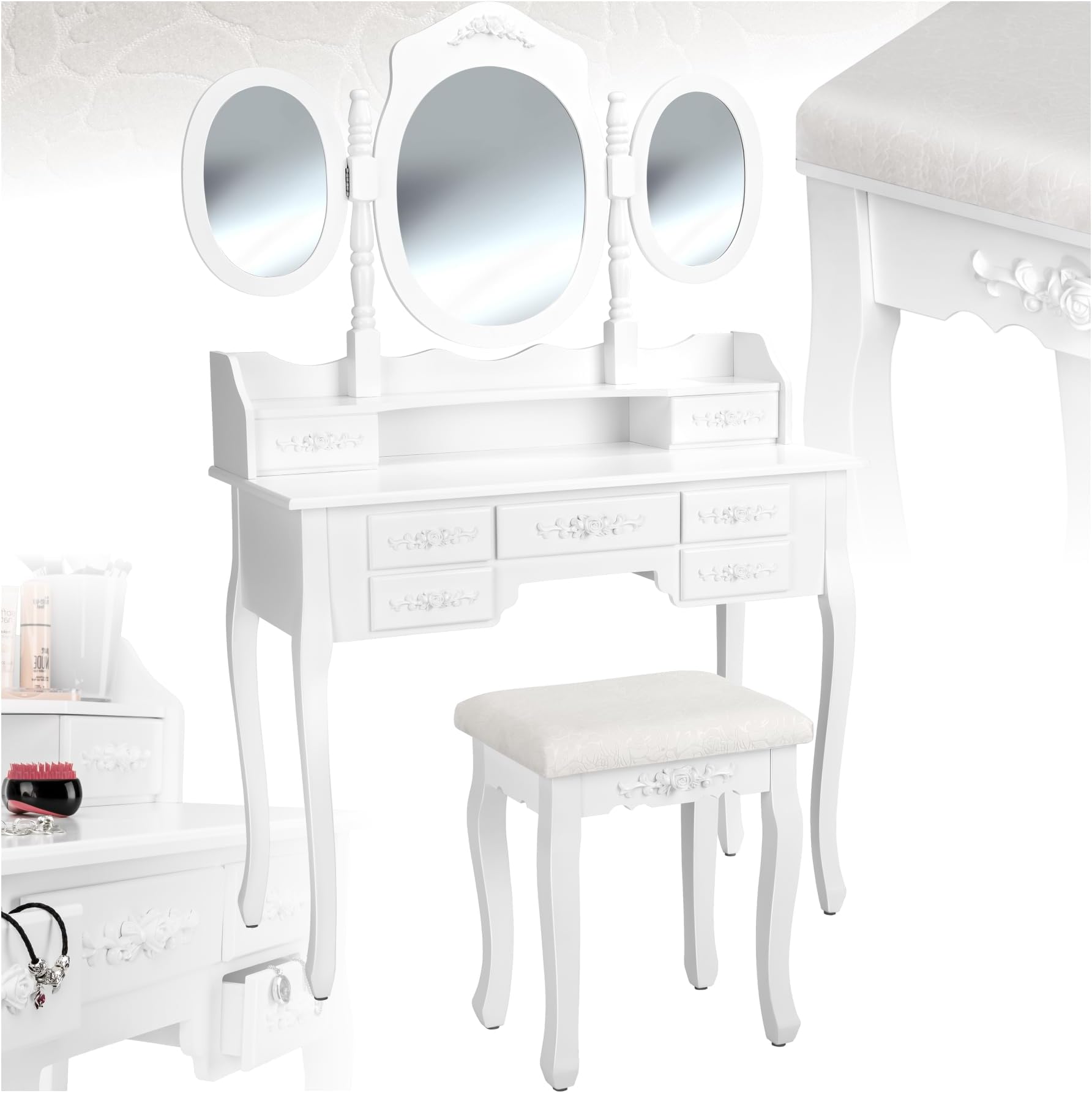 tectake® Dressing Table in Antique Look with Oval Swivel Mirrors & Soft Vanity Chair, Elegant Vanity Desk with 7 Drawers, Shelf & Rose Embellishments, Stable & Robust Vanity Table for Bedroom - White