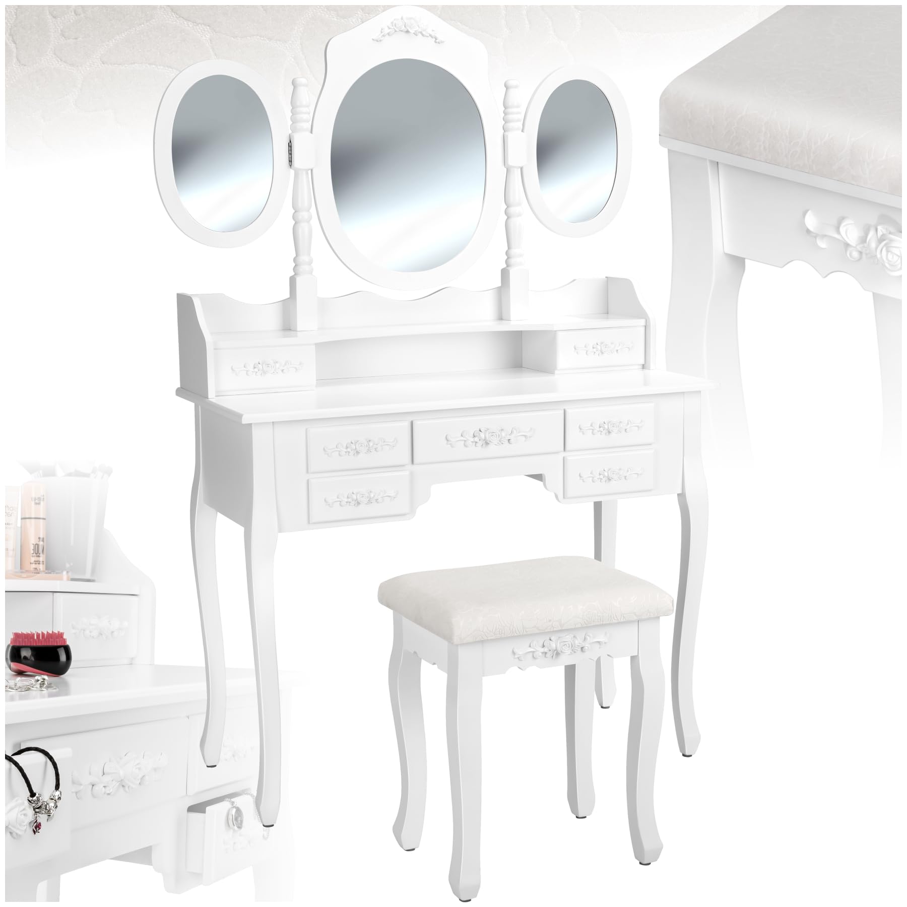 TecTake® Dressing Table in Antique Look with Oval Swivel Mirrors & Soft Vanity Chair, Elegant Vanity Desk with 7 Drawers, Shelf & Rose Embellishments, Stable & Robust Vanity Table for Bedroom - White