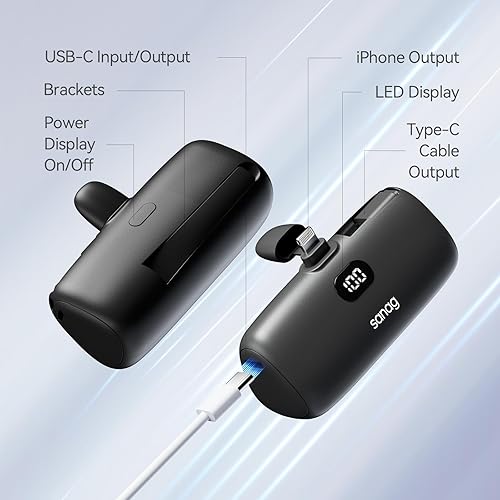 Miniatura 6 de Sanag Cargador portátil PD de carga rápida, mini cargador de 5000 mAh con soporte de cable integrado y pantalla LED, Powerbank compatible con