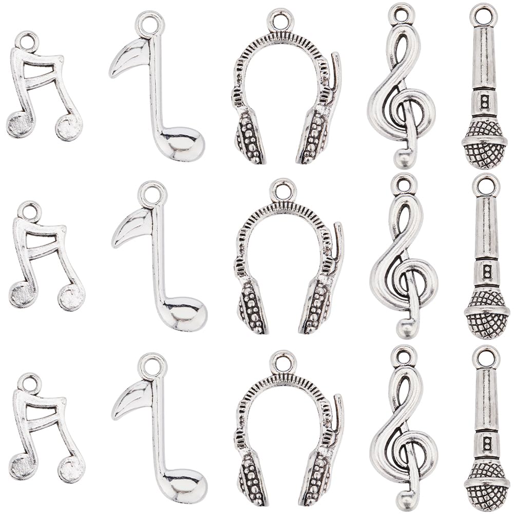 SUNNYCLUE 1 Scatola 90 Pezzi 5 Stili Ciondoli Musicali Sfusi Note Musicali Fascino Strumento in Argento Tibetano Mini Simbolo Suono Fascino per Creazione di Gioielli Forniture di Ciondoli Collana Fai