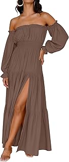 Women's 2025 Boho Sexy Off Shoulder Long Sleeve Smocked High Waist Side ...