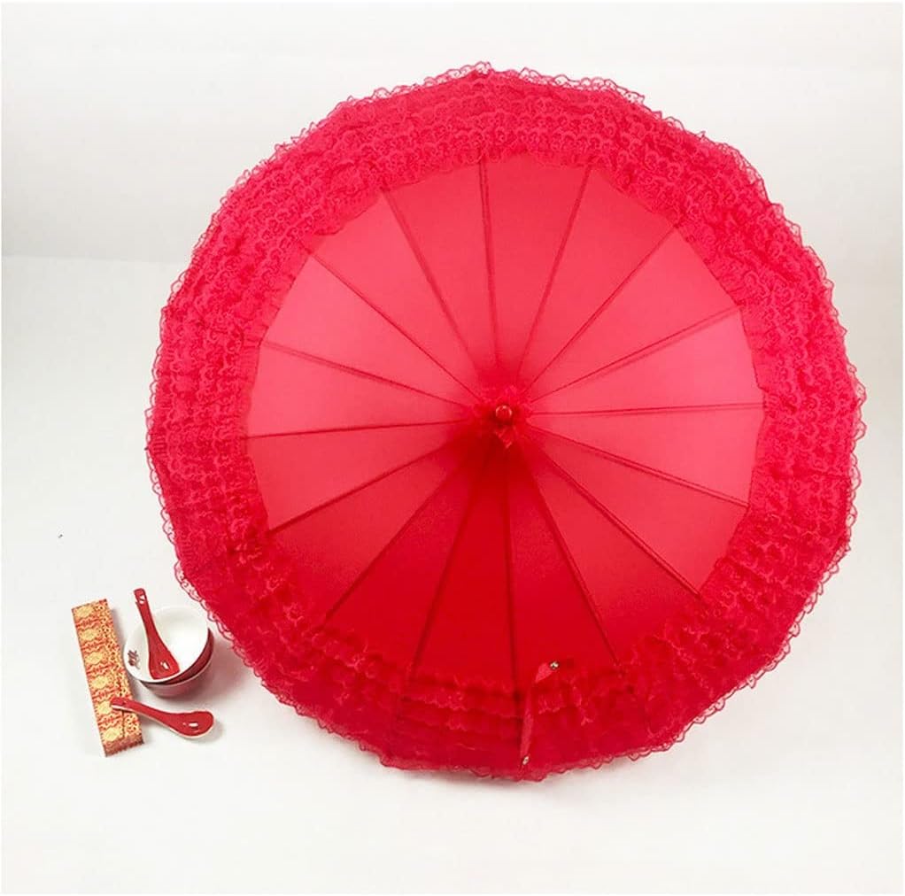 Red Lace Golf Umbrella for Wedding Chinese Style Windproof Rain Umbrella Portable Stick Umbrella with J Handle for Party Golf Umbrella for Adults Men Women