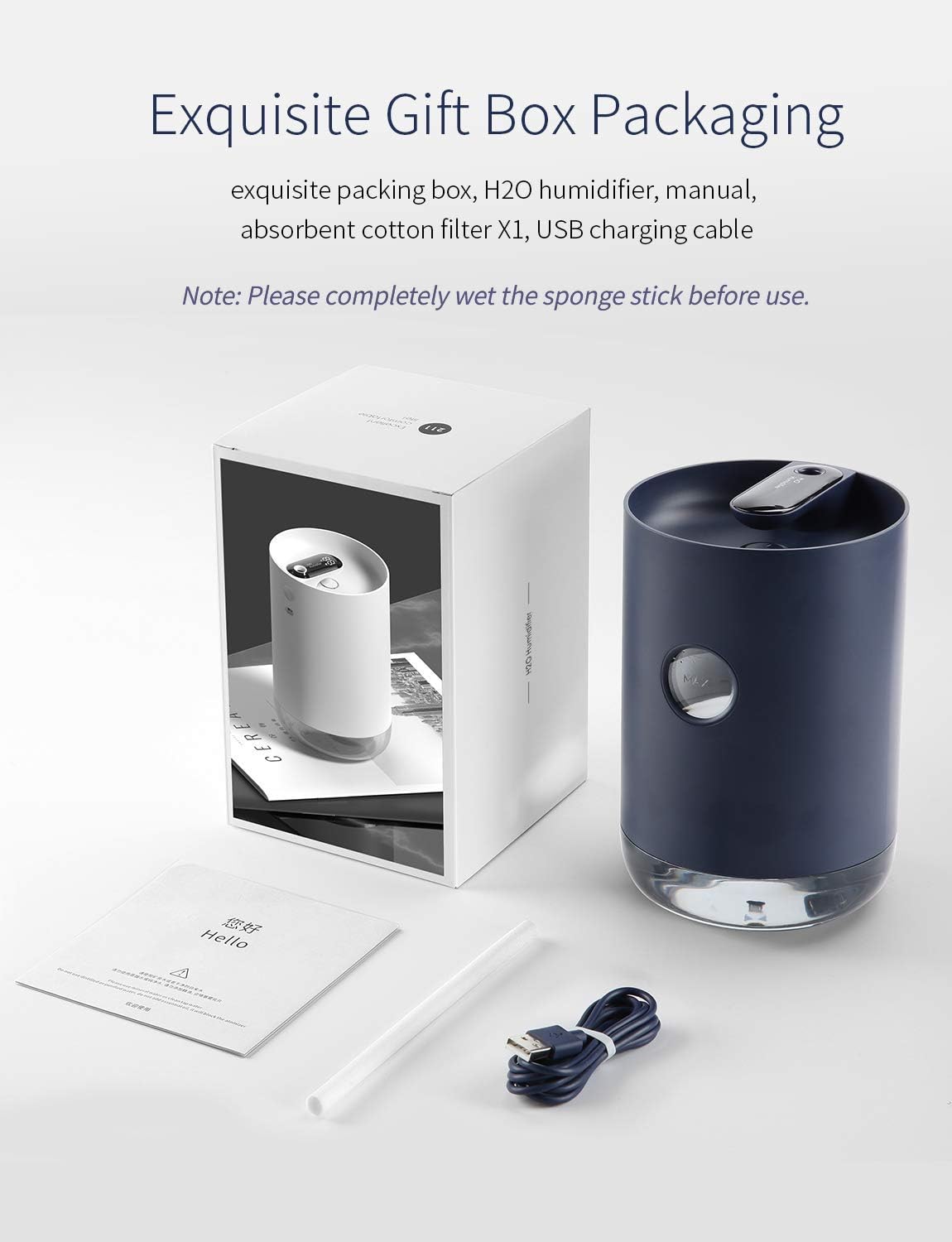 SmartDevil Personal Desk Humidifier, Small Portable Cool Mist Humidifier with Built-in 3000mAh Battery Operated, Night-Light Features, Auto Shut-Off for Office, Bedroom, Home - Navy Blue