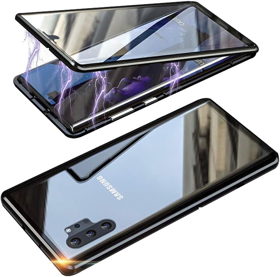 Anyos Compatible Samsung Galaxy Note 10 Plus Case, Magnetic Case Series Ultra-Thin Adsorption Metal Frame with Tempered Glass Cover Built-in Screen Protector (Black)
