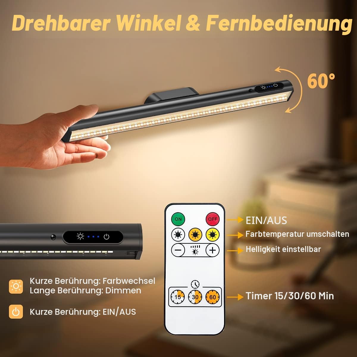 Unterbauleuchte Küche LED Akku, 4000mAh Schrankbeleuchtung mit Fernbedienung Magnet, Dimmbare Lichtleiste Batterie Kabellos,Aufladbar USB Batteriebetrieben Lampe für Spiegel Schreibtisch Wand