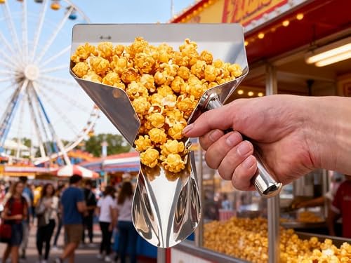Stainless Steel Popcorn & French Fry Scoop with Upgrade Handle, Quick Fill Utility Scooper for Popcorn Machine, Bagger Bags, Ice, Candy, Snacks & Desserts - Thumbnail 2