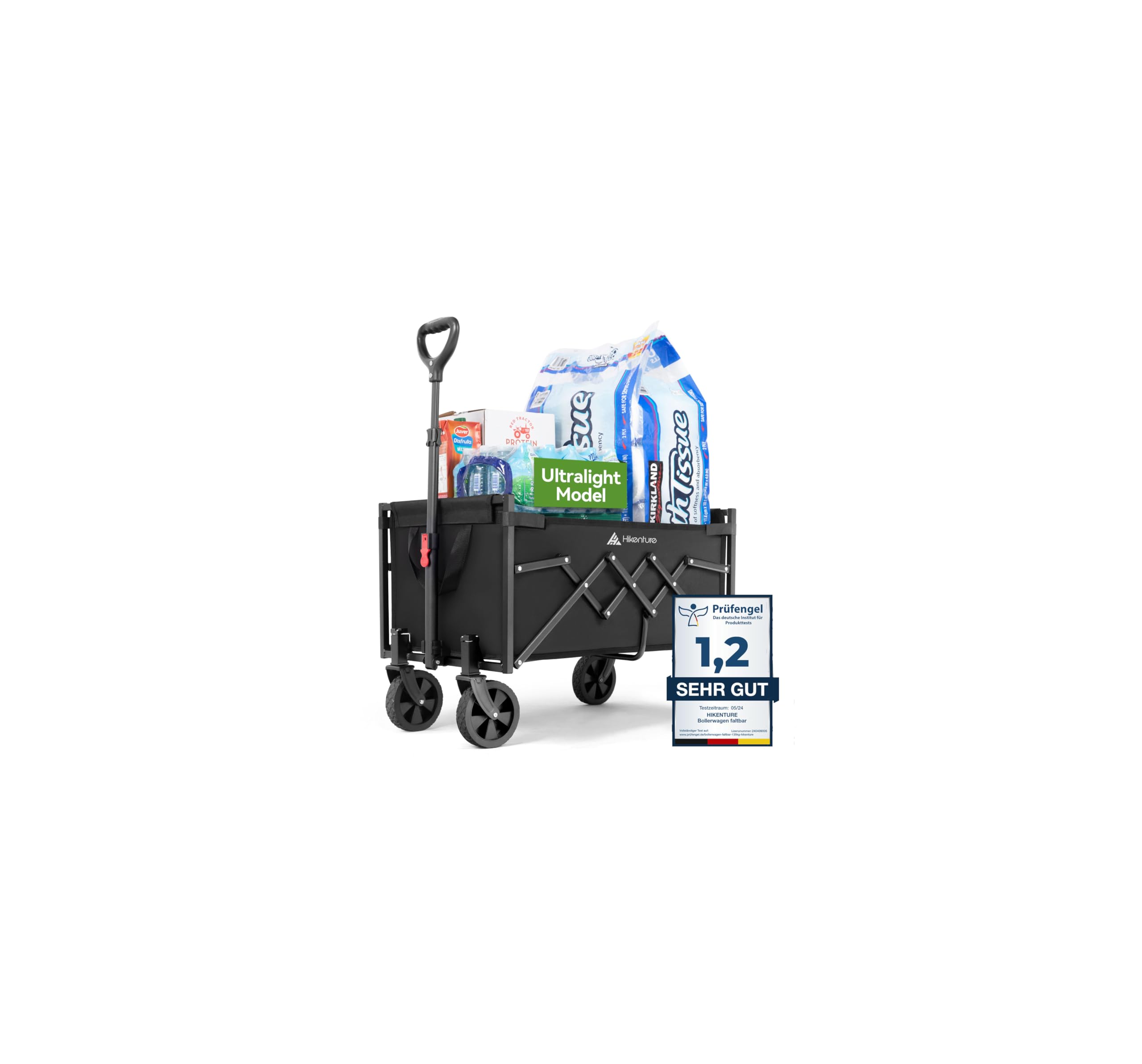 HIKENTURE Bollerwagen Faltbar 65Liter&100KG belastbar - Wiegt nur 4,9KG- Extrem Faltbarer Bollerwagen - Klappbarer Handwagen Einkaufstrolley für Strand Camping Einkauf
