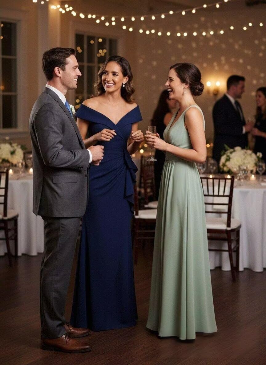 Satin Mother of The Bride Dresses for Women Long Off The Shoulder Ruffles Formal Wedding Guest Dress