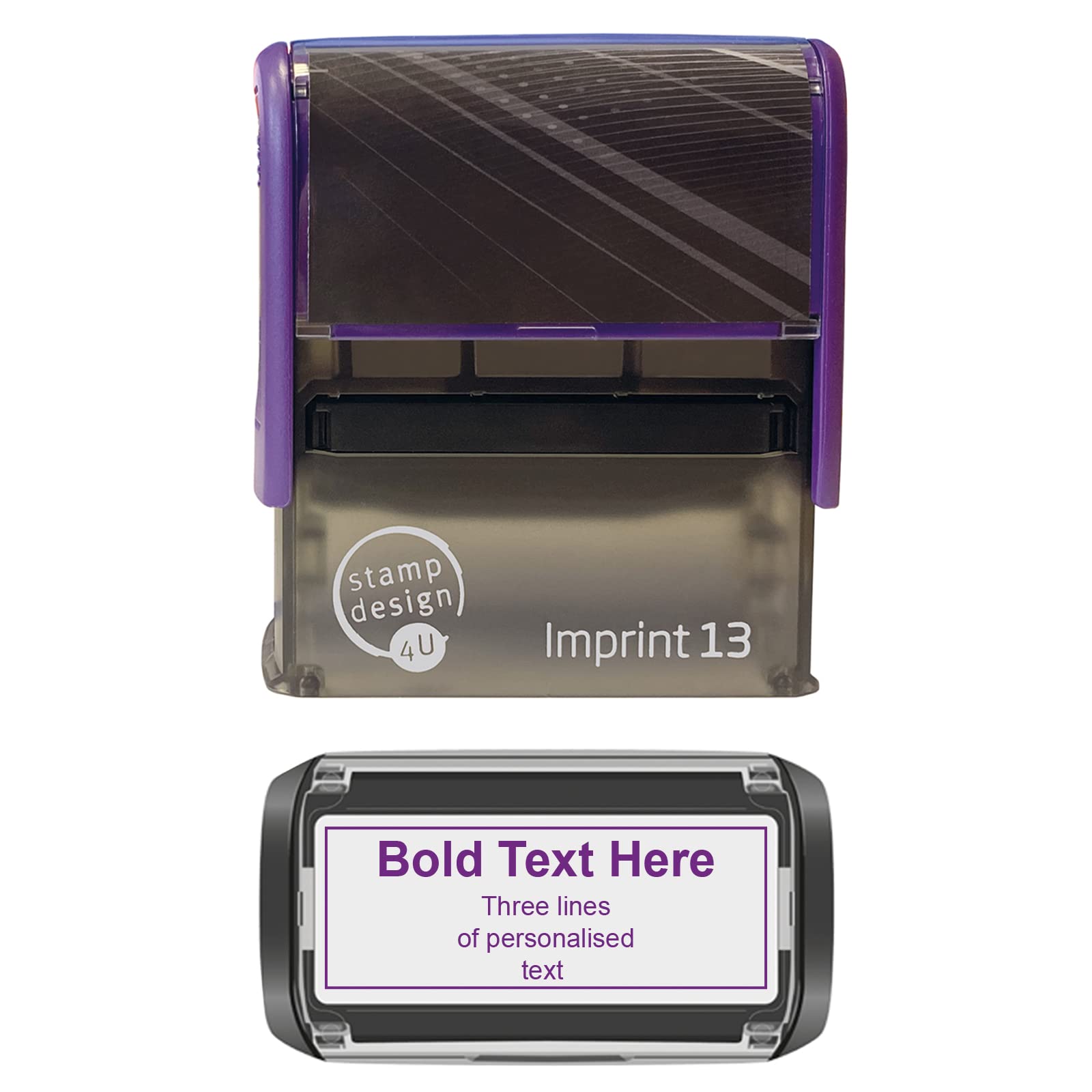 Stamp Design 4U Violet Personalised Imprint 13 Self Inking Business Address Stamp Bold Large Title With Three Lines Of Text In Ink With A Border