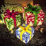 Kurala Set of 3 Christmas Lighted Gift Boxes, 60 LED Lights Up Decoration with Plug, Christmas Tree Skirt Ornament, Three Colors Present Boxes for X-MAS Holiday Party