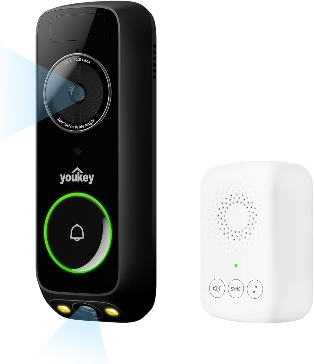youkey DB312 Doorbell Camera Wireless with Chime, No Monthly Fee, 2K Video Doorbell with Head-to-Toe View, Package Detection, 2.4/5GHz WiFi-6, Two-Way Talk, Color Night Vision, Battery/Wired Powered