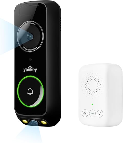 youkey Doorbell Camera Wireless with Chime, No Monthly Fee, 2K Battery Doorbell with Head-to-Toe Video, Package Detection, 5GHz WiFi, Built-in 8GB Storage, Works with Alexa & Google Assistant, DB312