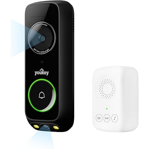youkey Wireless Doorbell Camera with Chime, No Subscription, 2K Video Doorbell with Head-to-Toe View, Package Detection, 2.4/5GHz WiFi-6, Two-way Talk, Color Night Vision, Battery/Wired Powered, DB312