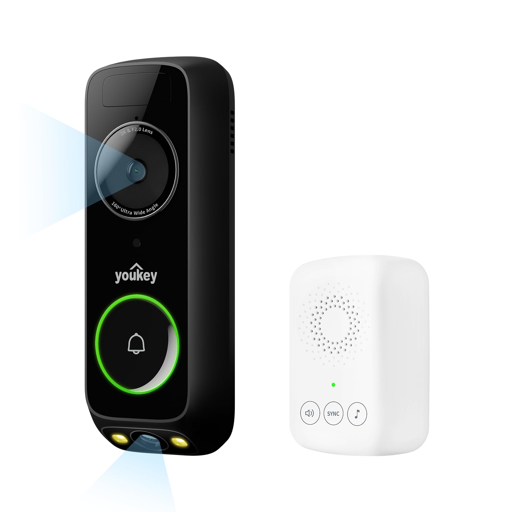 youkey Doorbell Camera Wireless with Chime, No Monthly Fee, 2K Battery Doorbell with Head-to-Toe Video, Package Detection, 2.4/5GHz WiFi-6, Built-in