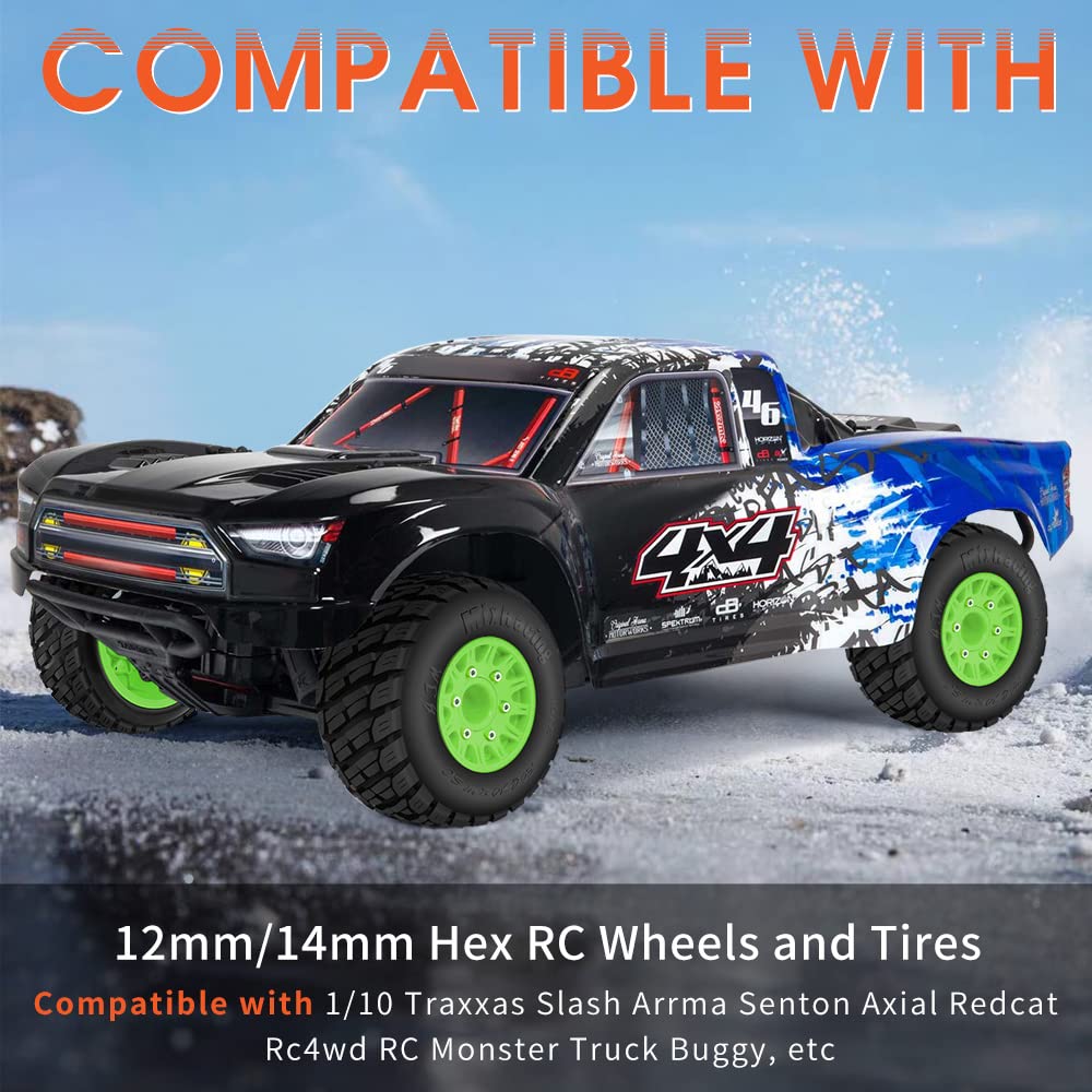 GLOBACT RC Truck Tires for 1/10 Scale Arrma Senton Tires Slash Tires Axial Redcat Rc4wd Hex Detachable Replacement 14mm 12mm RC Wheels and Tires (Green 4 Pcs)