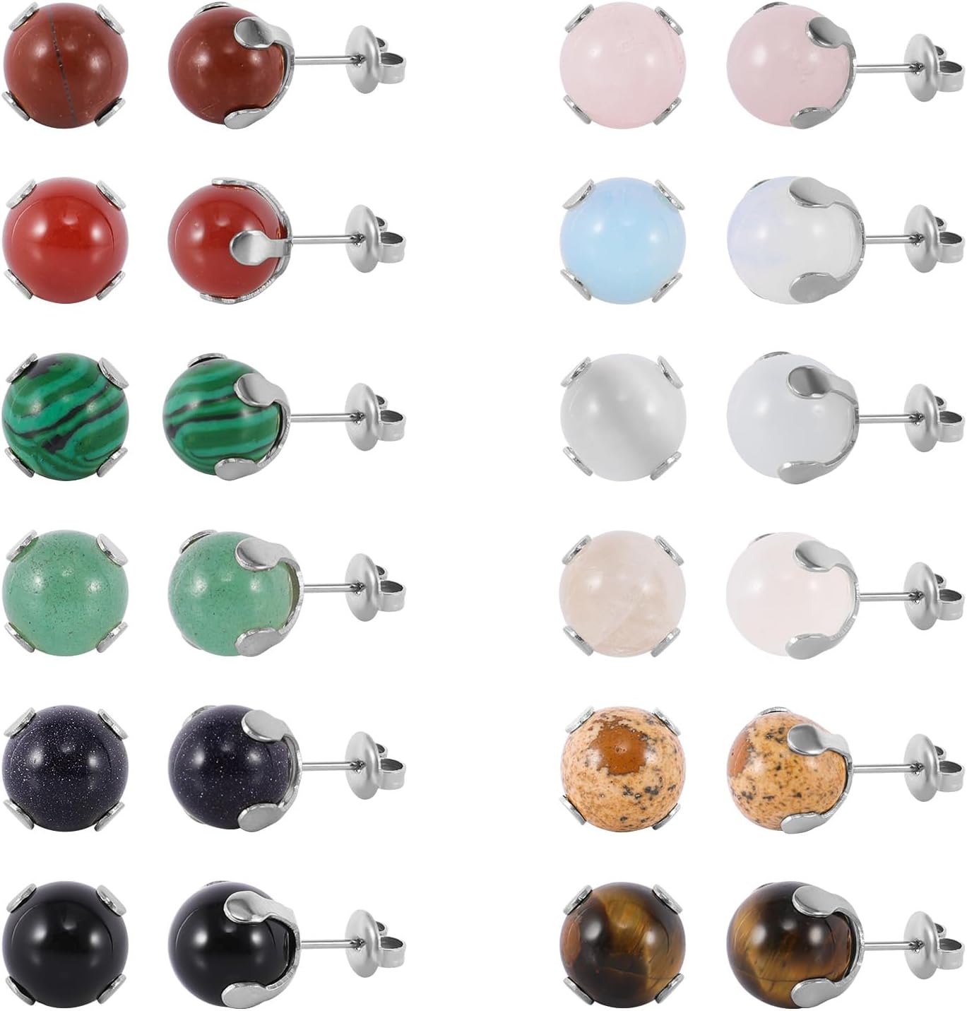 12 Pairs Multi Natural Gemstone Round Bead Ball Stud Earrings Stainless Steel Opal Tiger Eye Rose Quartz Onyx Stone Stud Earrings Set for Women