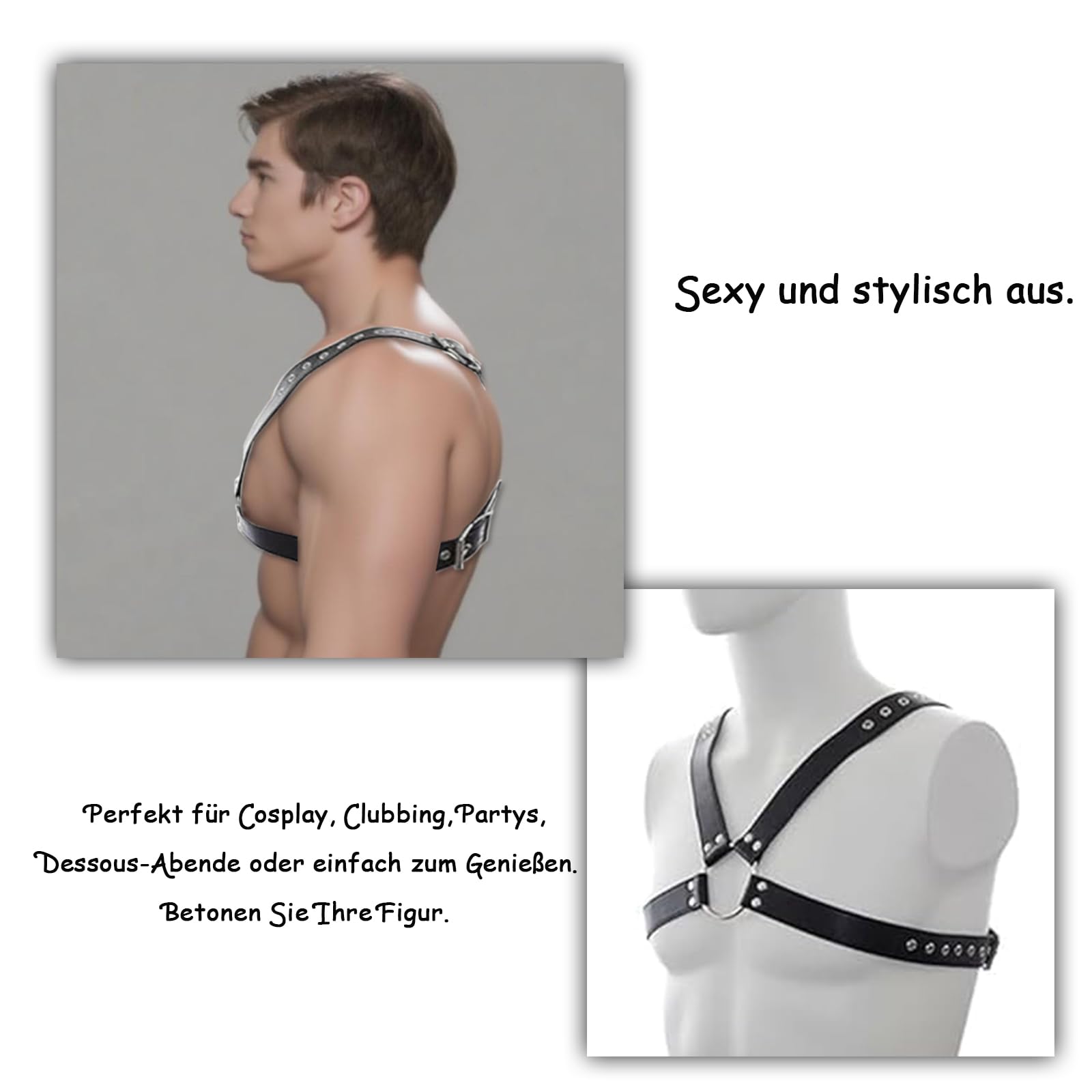 Arnés de bondage de cuero negro, diseño de cruz con anillos de metal y remaches, arnés ajustable BDSM para fetiche, gótico, punk y moda alternativa