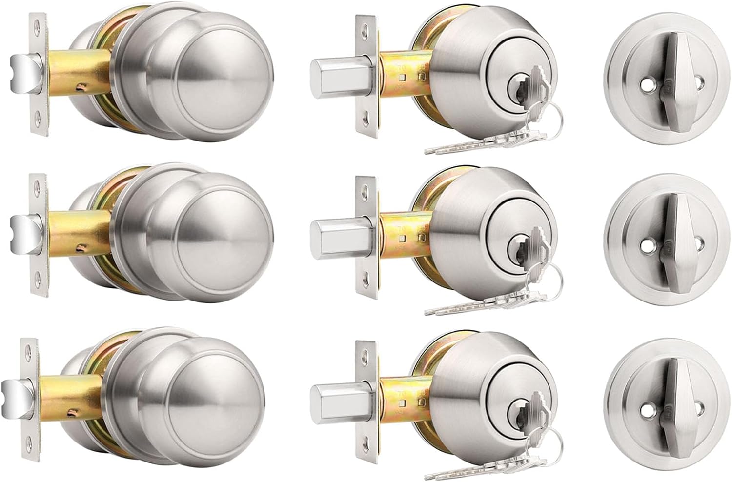 Probrico 3 Pack Passage Door Knob and 3 Pack Single Cylinder Deadbolts