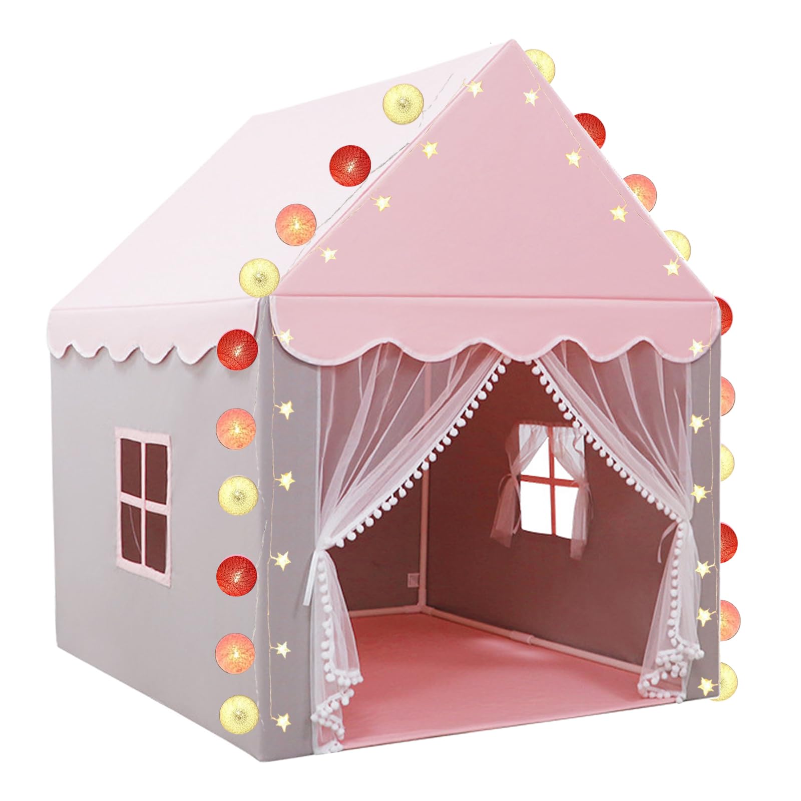 Tente Tipi Enfant Avec Lumières - Cabane Intérieure 100x120x130cm Rose/gris