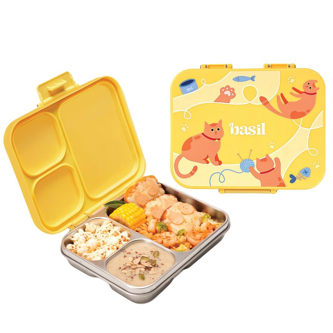 Basil Bento Ace 3C Stainless Steel Lunch Box for Kids | 3 Compartment Leakproof Tiffin Box for Teens & Adults | BPA-Free, Easy-to-Open School Lunch Box | Kitty Party