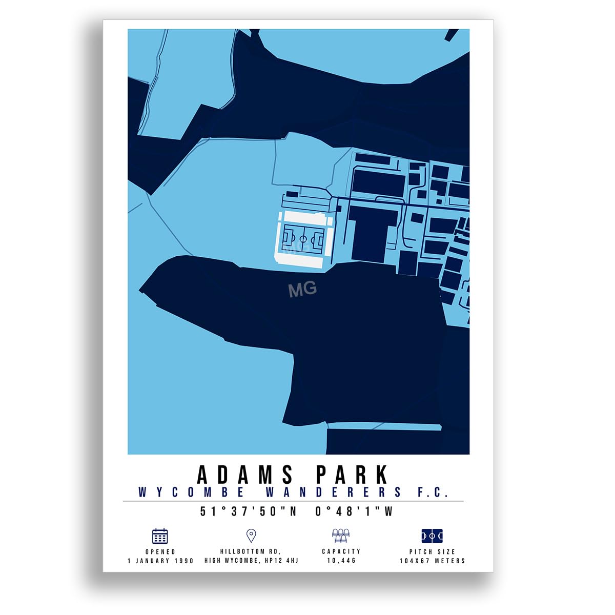 Mounted Gifts Trading A3 Poster Only Adams Park Map Minimalist A4/A3 Poster Photo Print Framed Gift Wycombe Wanderers Football Art Print (A3 Poster Only)