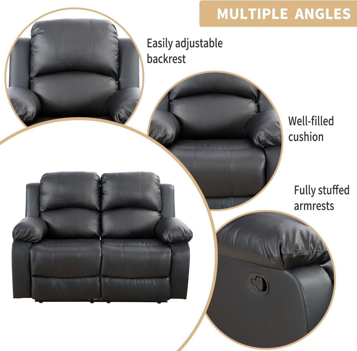 Leather Recliner Sofa Sets, Leather Reclining Sofa Set for Living Room Furniture Set,Recliner Loveseat for Living Room/Small Space/Rv/Office(Black 2 Seater Loveseat)