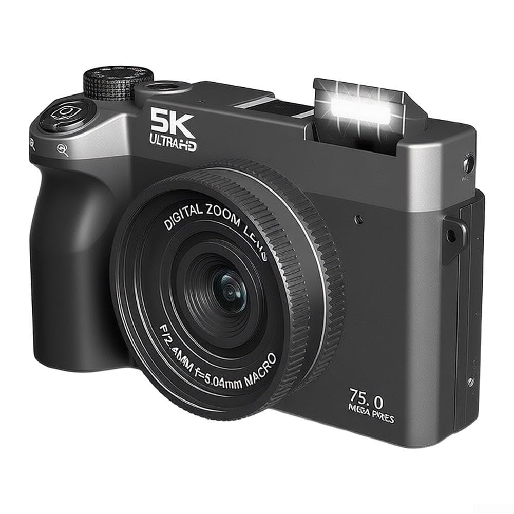 Videocamera HD 5K con schermo a flip, zoom 18x, WiFi, portatile, per adolescenti, studenti, sensore 75 MP, nero (nero 64G)