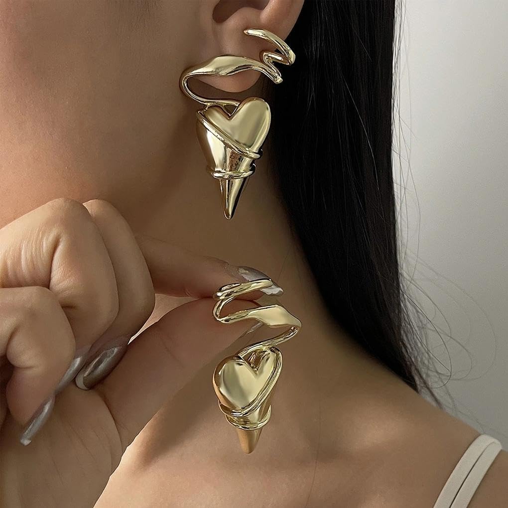 Chunky Puffy Heart Drop Dangle Earrings for Women,Vintage Geometric Lines Aesthetic Statement Stud Earrings,Personalized Trendy Jewelry Accessories Gifts - Image 2