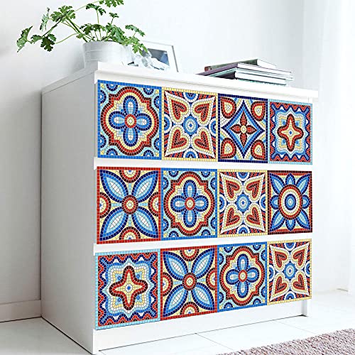 Stick on Tiles Blue Orange Pattern Tile Stickers PVC Self Adhesive Wall Tiles Heat Resistant Tile Stickers for Kitchen Bathroom Waterproof Peel and Stick Floor Tiles Tile Paint 10x10cm